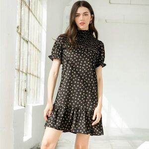 THML Black Mini Dress Burnt Red Heart Print Mock Neck Ruffle Hem Size M